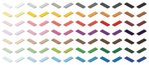 Niños ladrillo juguete simple espectro de colores ladrillos 6x2 baja, aislado sobre fondo blanco — Vector de stock