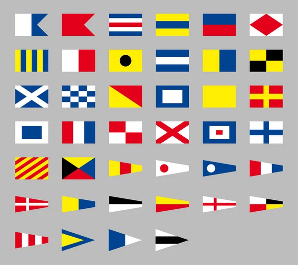 Bandeiras marítimas internacionais de sinal náutico, isoladas em fundo cinzento — Vetor de Stock