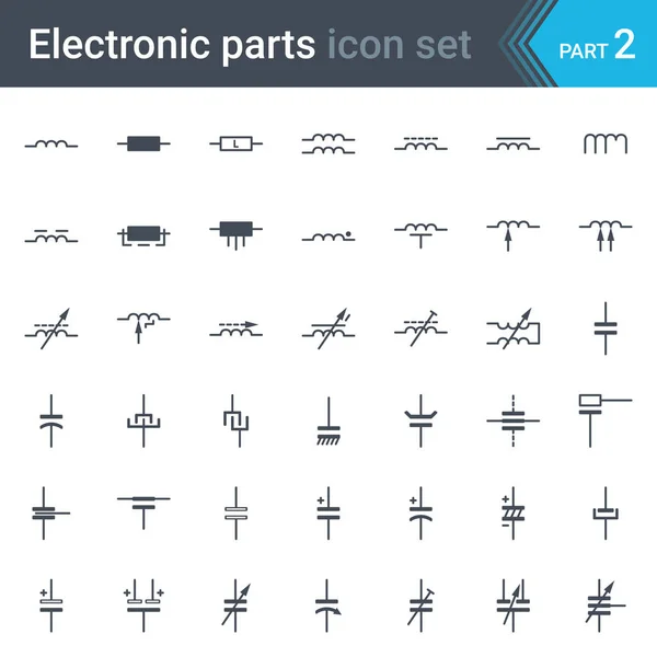 Conjunto de símbolos de diagrama de circuitos elétricos e eletrônicos de indutores, bobinas, capacitores e condensadores elétricos — Vetor de Stock