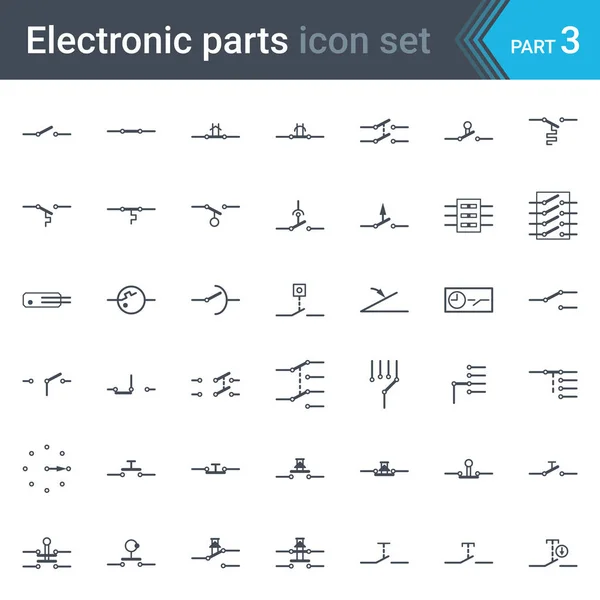 Anahtarları, butonları ve devre anahtarları elektrik ve elektronik devre şeması sembolleri kümesi — Stok Vektör
