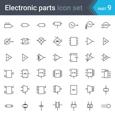 Electric and electronic circuit diagram symbols set of circuitry, blocks, stages, amplifier, logic circuits, piezoelectric crystals and crystal oscillators clipart