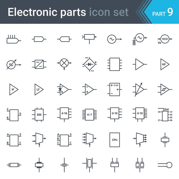 Elektromos és elektronikus áramkör diagram szimbólumok gyűjteménye áramkör, blokkok, szakaszok, erősítő, logikai áramkörök, piezoelektromos kristály és kristály oszcillátorok — Stock Vector