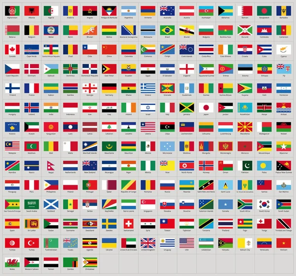 Alle Nationale Vlaggen Van Hele Wereld Met Namen Hoge Kwaliteit — Stockvector