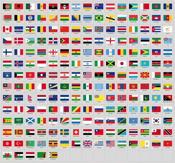 Minden Nemzeti Zászlók Világ Nevek Kiváló Minőségű Vektoros Zászló Elszigetelt — Stock Vector