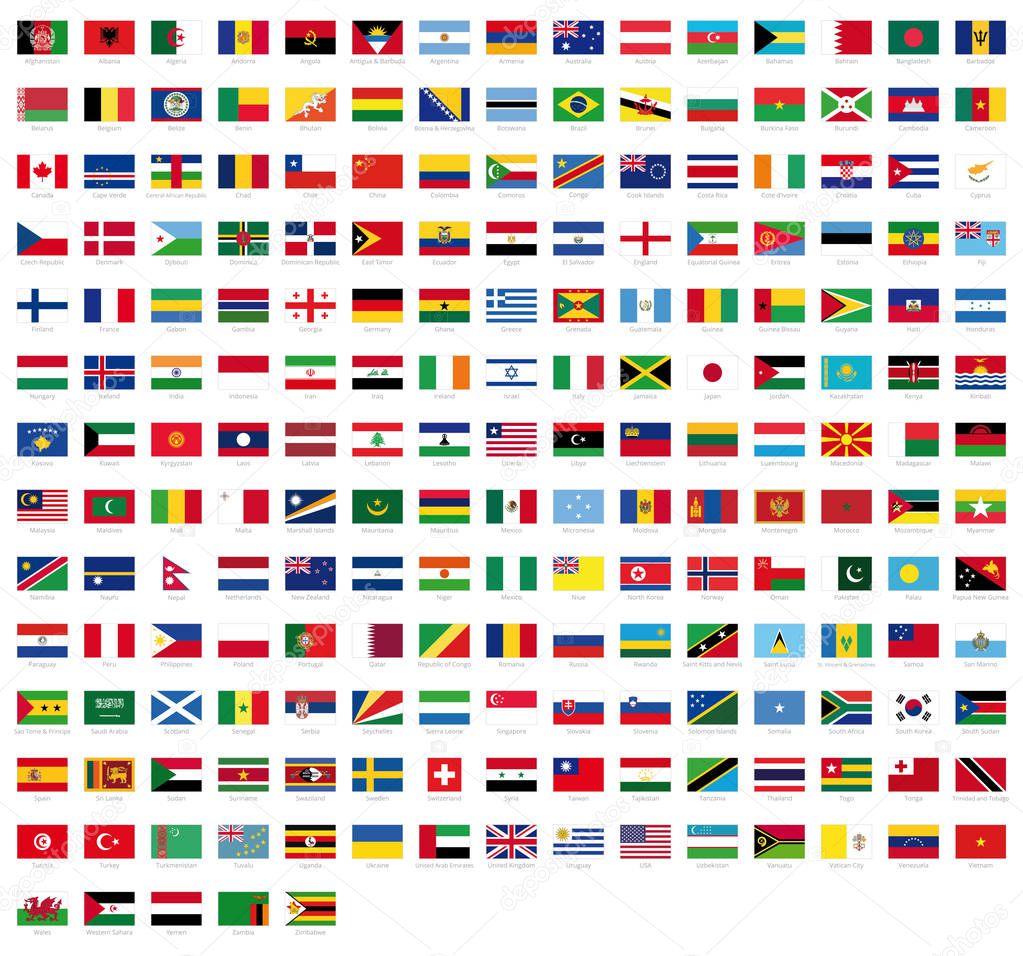 All national flags of the world with names - high quality vector flag isolated on white background