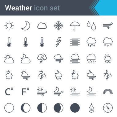 Hava hattı Icon set - güneş, ayın evreleri, bulut, yağmur, kar, gökkuşağı, gök gürültüsü