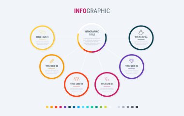 Zaman çizelgesi bilgi tasarım vektörü. 6 seçenek, daire iş akışı düzeni. Vektör bilgi zaman çizelgesi şablonu. Sıcak palet.