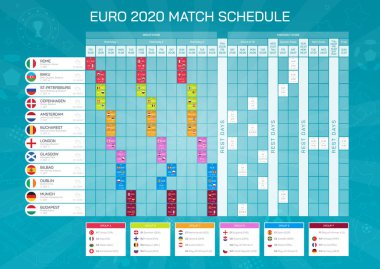 Euro 2020 maç programı - Futbol şampiyonası zaman çizelgesi. Tüm Avrupa 'ya katılan ülkeler - basım ve İnternet için bayrakları olan yüksek kaliteli vektör.