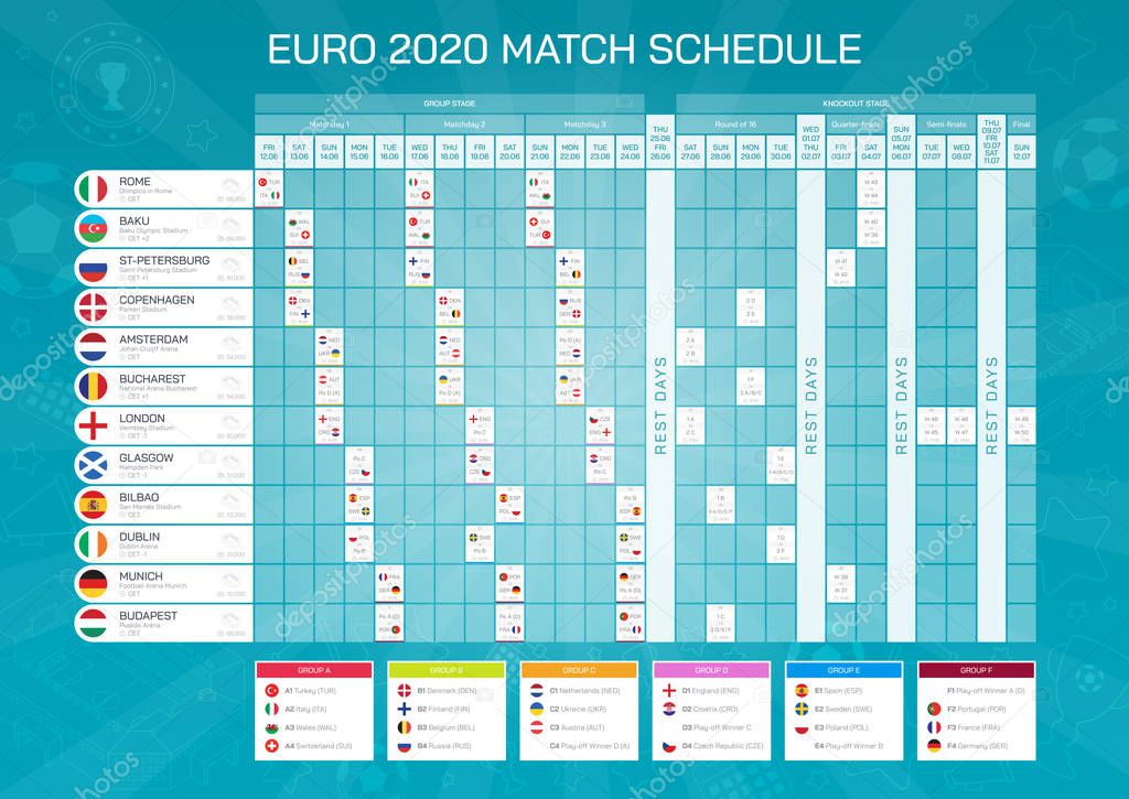 Euro 2020 football championship match schedule with flags. Euro 2020 timetable for web and print - high quality vector illustration.