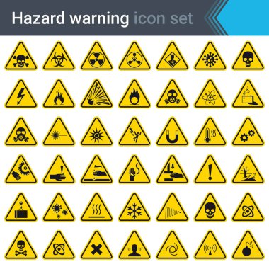 Hazard warning signs on yellow triangles. Set of signs warning about danger. 42 high quality hazard symbols and elements. Danger icons. Vector illustration. clipart