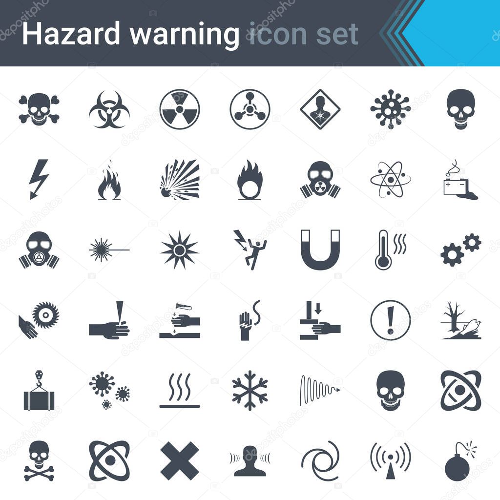 Hazard warning signs. Set of signs warning about danger. 42 high quality hazard symbols and elements. Danger icons. Vector illustration.