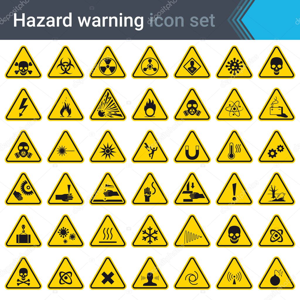 Hazard warning signs on yellow triangles. Set of signs warning about danger. 42 high quality hazard symbols and elements. Danger icons. Vector illustration.