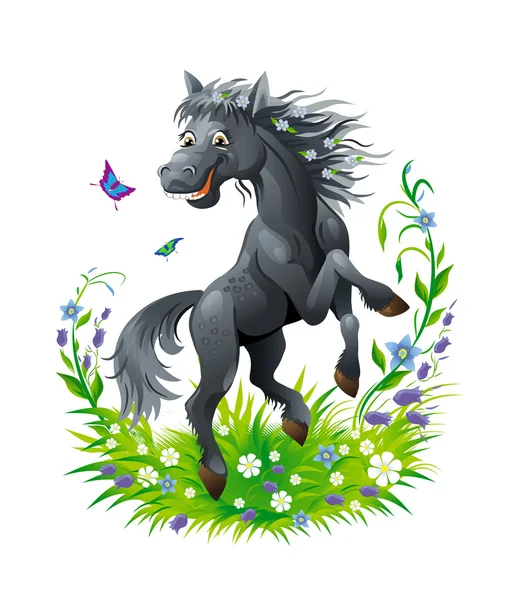 Schwarz Pferd auf dem Sommerrasen mit Schmetterlingen und Blumen isoliert auf weißem Hintergrund. Vektorillustration. — Stockvektor