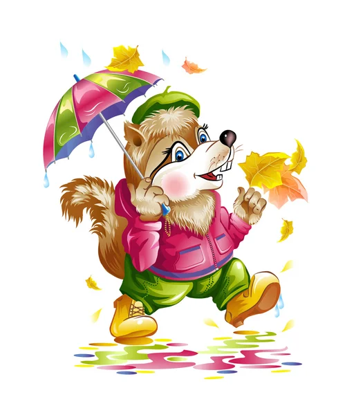 Alegre ardilla en una chaqueta rosa y zapatos amarillos está caminando bajo la lluvia bajo un paraguas . — Archivo Imágenes Vectoriales