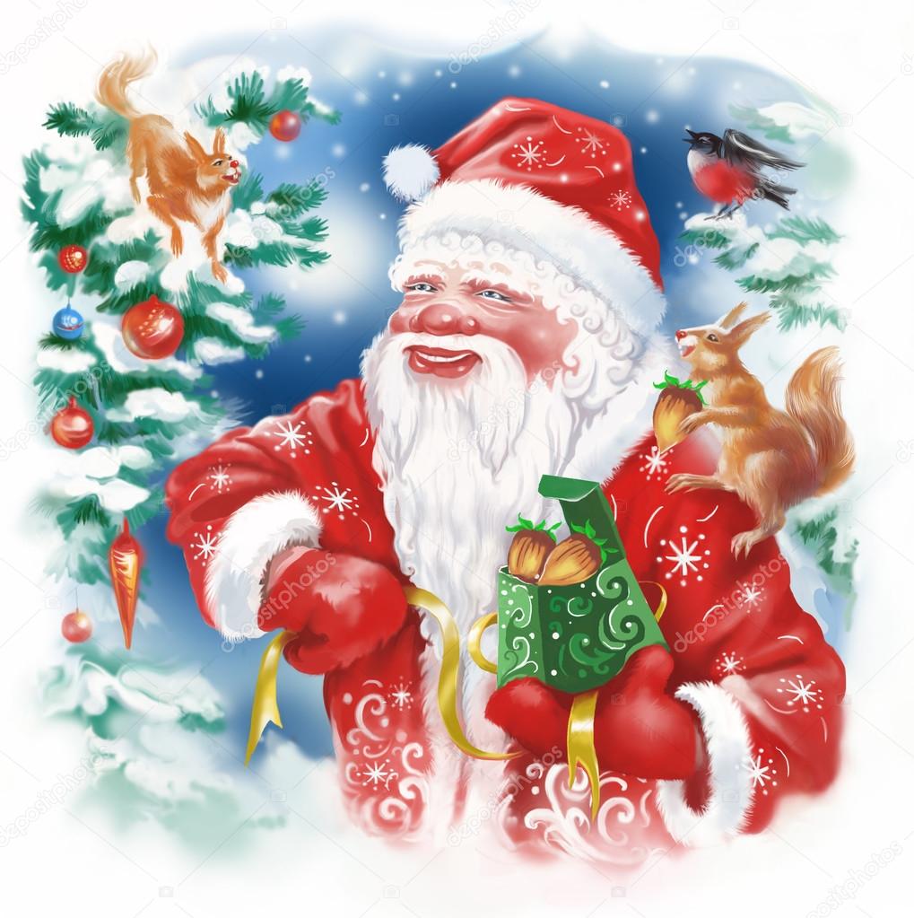 Santa Claus gives gifts in Christmas winter forest for small animals. Digital Christmas card.