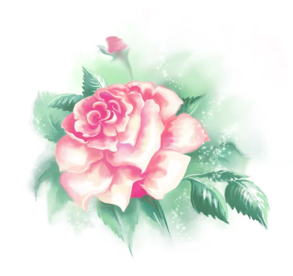 Rosa chiaro fiore rosa e foglie verdi su uno sfondo chiaro. illustrazione digitale . — Foto Stock