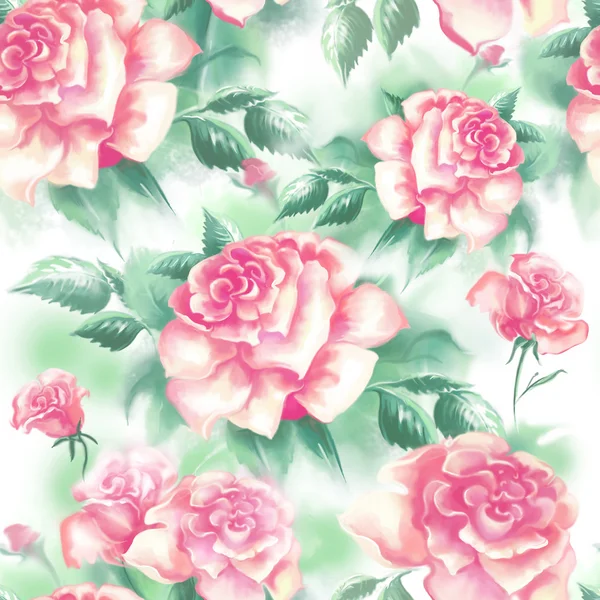 Seamless pattern with light pink flowers roses and green leaves on a light background. Digital. — Stockfoto