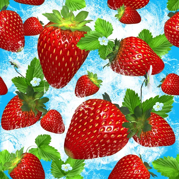 Patrón sin costuras con fresas rojas y hojas verdes sobre un fondo de salpicadura de agua azul. ilustración 3d . — Foto de Stock