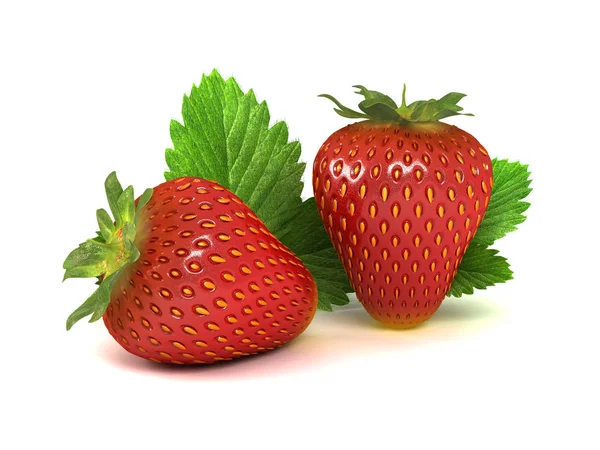 Zwei rote reife Erdbeeren und grüne Blätter auf weißem Hintergrund. 3 d Abbildung. 3 d Objekte. — Stockfoto