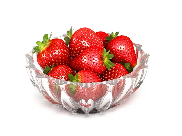 Fresas rojas en un jarrón de vidrio sobre un fondo blanco. Aislado sobre blanco. Ilustración 3 D. Objetos 3 D . — Foto de Stock