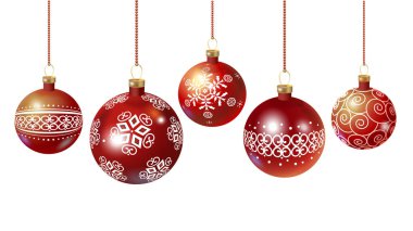 Güzel Noel kırmızı topları beyaz bir arka plan üzerinde izole beyaz süsleme ile kümesi. Vektör .