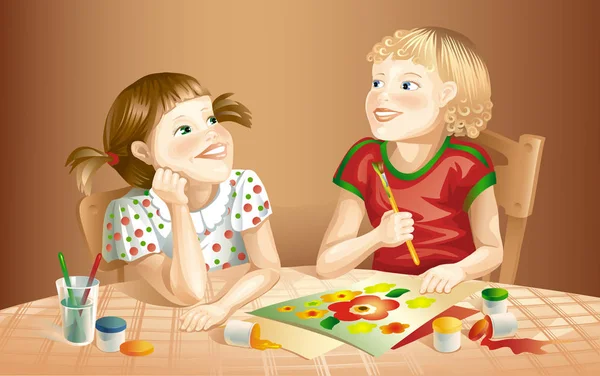 Två barn - en flicka och en pojke måla en bild med blommor. Vektorillustration. — Stock vektor
