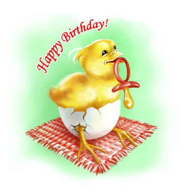 Sarı yenidoğan tavuk yumurta kabuğu bir emzik emme. Dijital illüstrasyon.