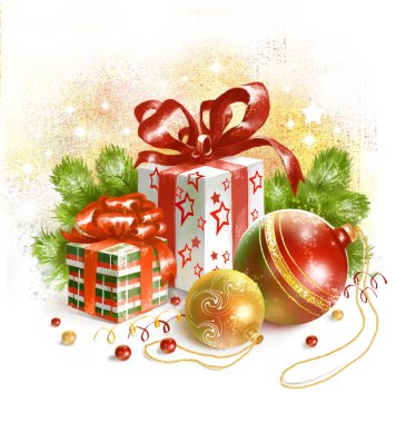 Noel hediye kutuları, Noel ağacı toplar ve yeşil çam dalları ile natürmort. Dijital.