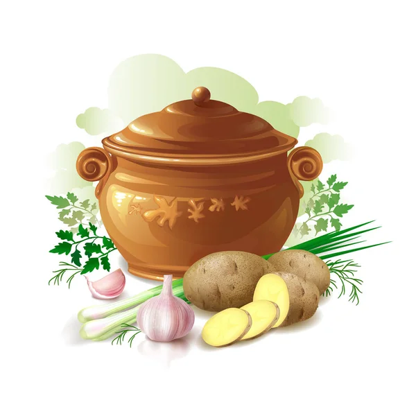Керамический горшок с картошкой, зеленым луком, чесноком и травами и специями. Векторная иллюстрация . — стоковый вектор