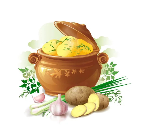 Panela de cerâmica com batatas, cebolas verdes, alho e batatas cozidas. Ilustração vetorial . —  Vetores de Stock