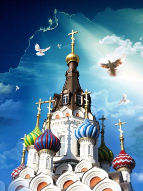 Orthodox Church on the blue background of the sky, and the rays of the sun doves flying in the sky.  clipart