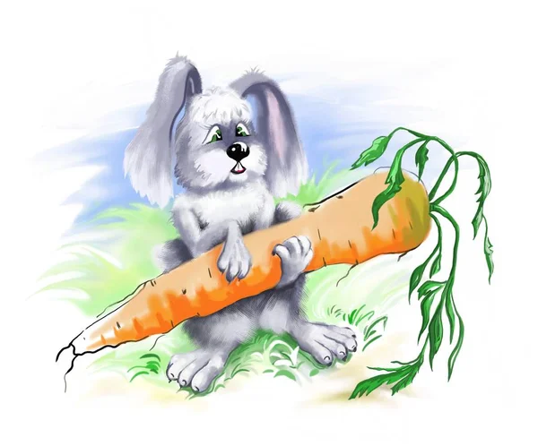 Conejo y su gran zanahoria. La ilustración digital . —  Fotos de Stock