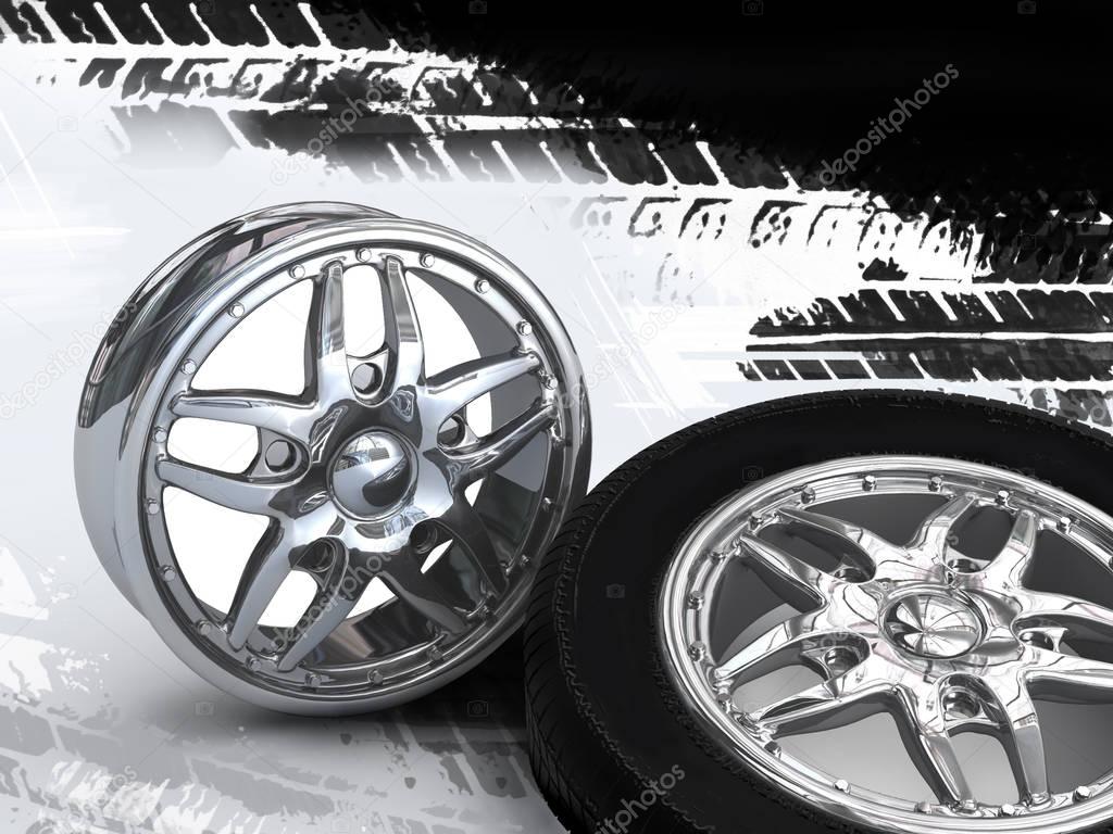 Car rims and wheels on the background of tire tracks. Digital illustration.