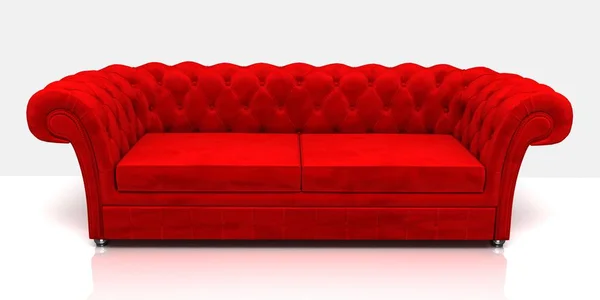 Vörös bársony klasszikus kanapé, elszigetelt fehér background. 3 d ábra. — Stock Fotó