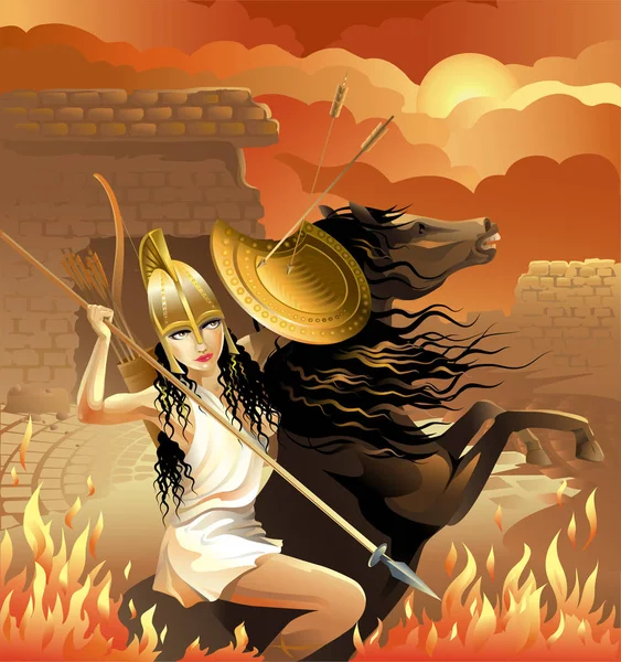 อเมซอนขี่ม้าในการต่อสู้เพื่อการปลดปล่อยของผู้หญิงบนพื้นหลังไฟ . — ภาพเวกเตอร์สต็อก