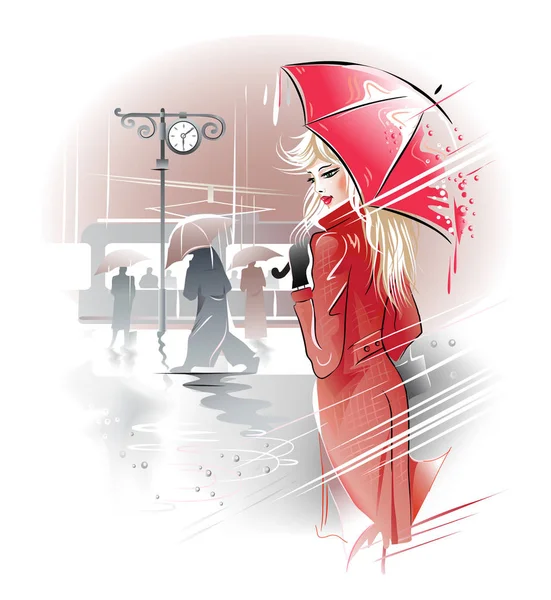 Eine blonde Frau in rotem Mantel mit rotem Regenschirm am Bahnhof. Vektorillustration. — Stockvektor