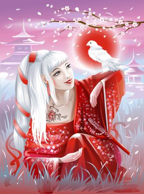 Eldeki beyaz bir kuş ile Asyalı kız kırmızı kimono içinde. Vektör çizim.