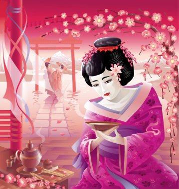 Asyalı kadın pembe kimono içinde geyşa. Vektör çizim.