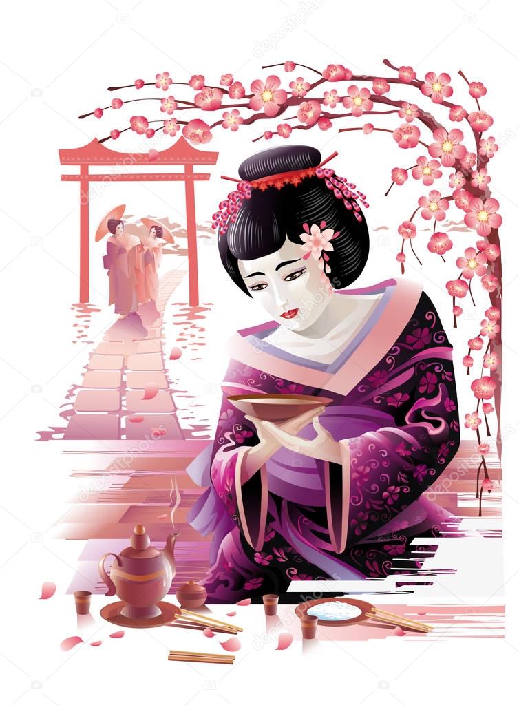 Asian beautiful woman GEISHA. Vector illustration.