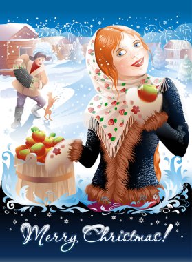 Güzel Kış Noel kartı. Elma ve akordeon çalan adam komik güzel kızla.