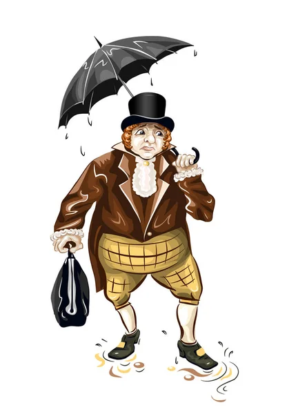 The fat gentleman in a brown frock coat and top hat is going in the rain under an umbrella. — Stock Vector