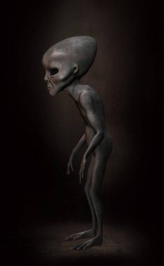 Gri koyu arka plan üzerinde uzaylı. Profil. 3 d resim. Dijital sanat.