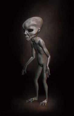 Gri koyu arka plan üzerinde uzaylı. 3 d resim. Dijital sanat.