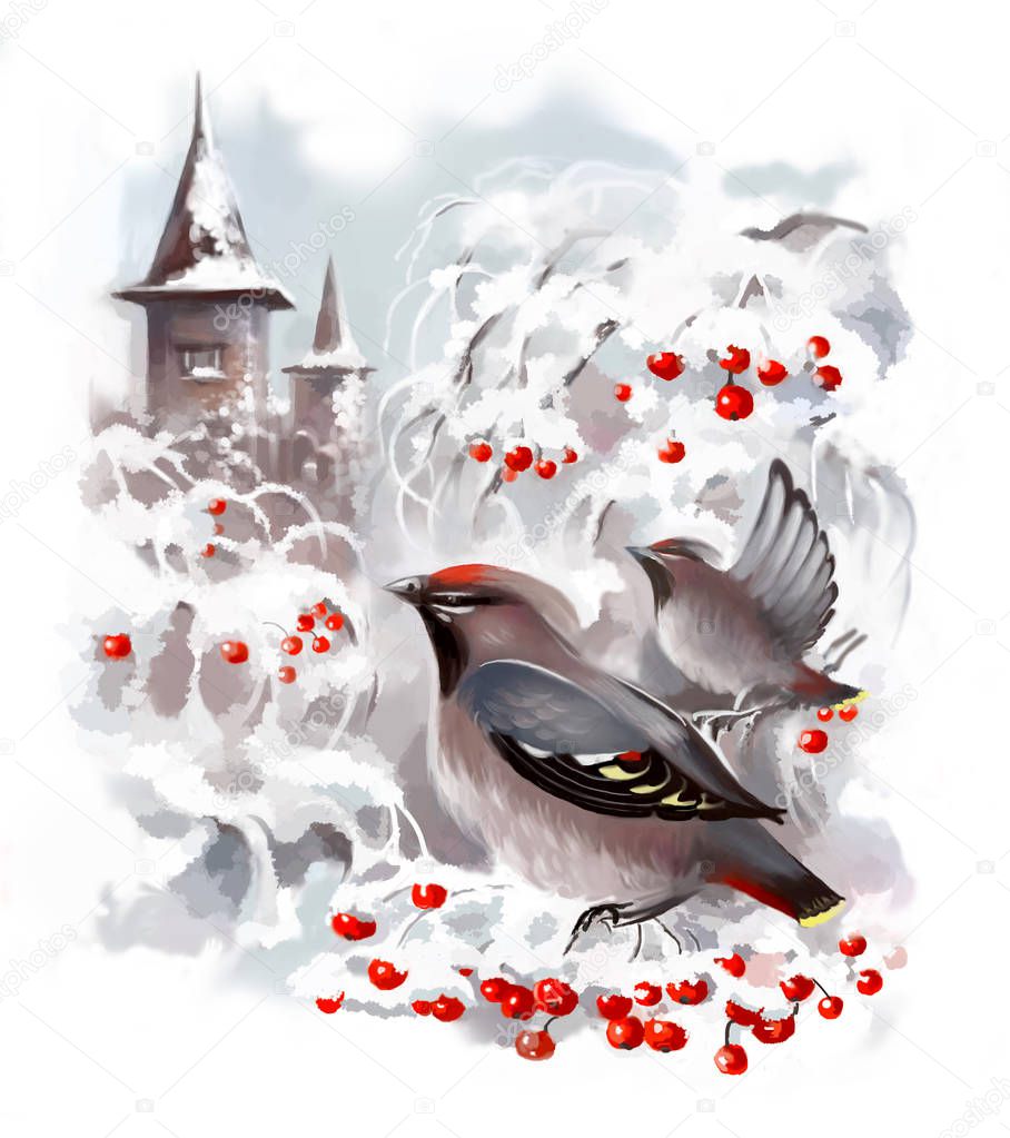 Birds waxwings on the winter branches of a mountain ash. Digital illustration. Digital art.