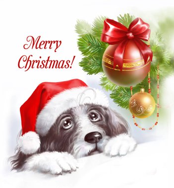 Tüylü köpek Noel Baba köknar şubesine kırmızı Noel top ile görünüyor. Dijital illüstrasyon.