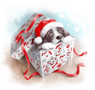 Tüylü köpek Claus Santa Noel hediye kutusu dışında bakmak kırmızı bere içinde. Dijital illüstrasyon.