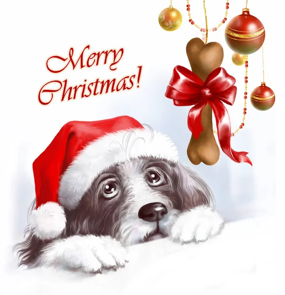 Noel Baba Noel hediyesi - arıyor tüylü köpek kemik güzel bir kırmızı yay ile dekore edilmiştir. Dijital illüstrasyon.