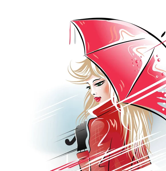 Wanita berbaju merah. Gadis pirang di bawah payung merah di tengah hujan. Ilustrasi vektor . - Stok Vektor