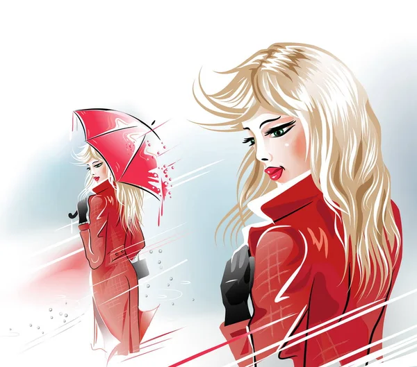 Wanita cantik berambut pirang dengan mantel merah dengan latar belakang cahaya. Potret seorang gadis. Ilustrasi mode vektor . - Stok Vektor