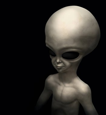 Siyah arka plan üzerinde gri bir uzaylı portresi. 3D çizim